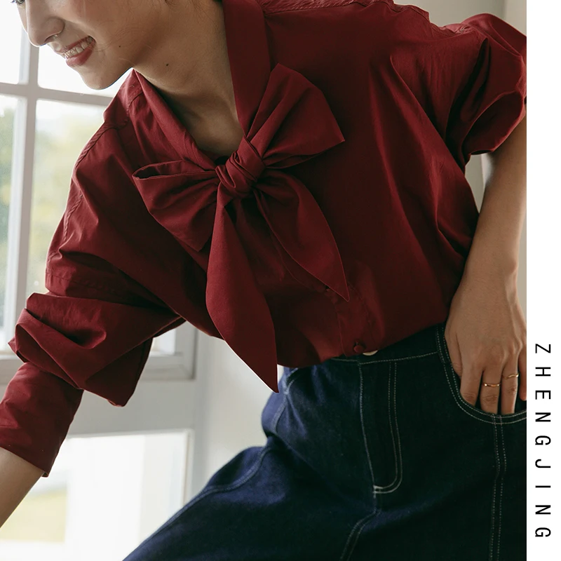 Early Autumn New Wine Red Loose  Knot Versatile Women's Shirt Korean Style Commute Cotton Long Sleeve Loose Fit