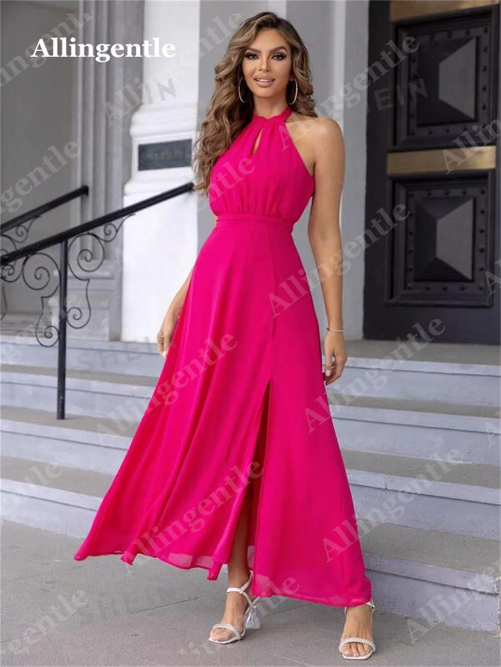 Allingentle Fuchsia Cut Out Halter Bridesmaid Dress for Women 2024 Ankle-Length Backless Side Slit A-Line Chiffon Party Gowns