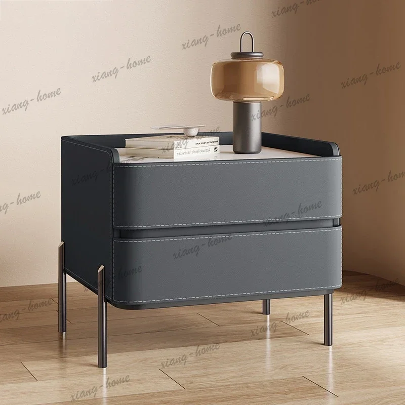 LSFrench Wood Rock Board Nightstands High End Bedroom Furniture Italian Saddle Leather Storage Drawers Cabinet Home Bedside Tabl