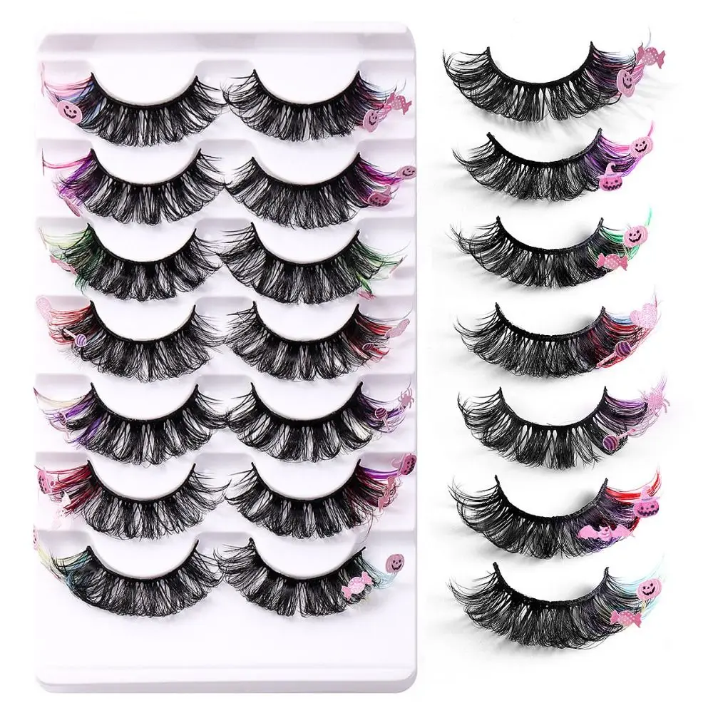 7 คู่ขนตาปลอมสีสันค้างคาวหนาหนาฮาโลวีนเลื่อม Mink Eyelashes Soft Full Strip สีขนตาปลอม