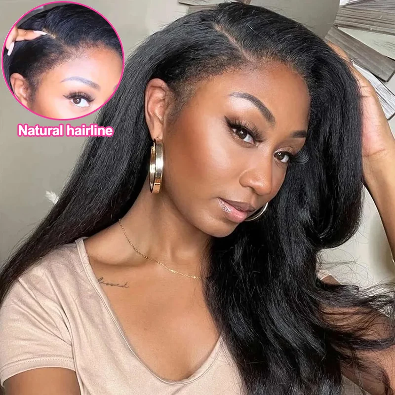 Brasilianisches Echthaar, 13 x 4, verworrene gerade HD-Spitzenfront, leimlose Perücken für Frauen, vorgebleichte Knoten, 4C Yaki-Echthaar-Perücke