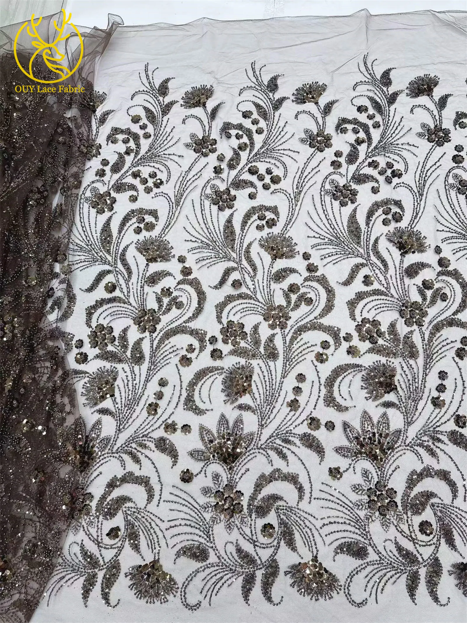 Eleganter 5-Yard-Paillettenstoff mit Kleinen Blumen, Afrikanischer Perlen-Pailletten-Spitzenstoff, Nigerianischer Luxuriöser Pailletten-Netzstoff für Kleider und Näharbeiten – Detail 23