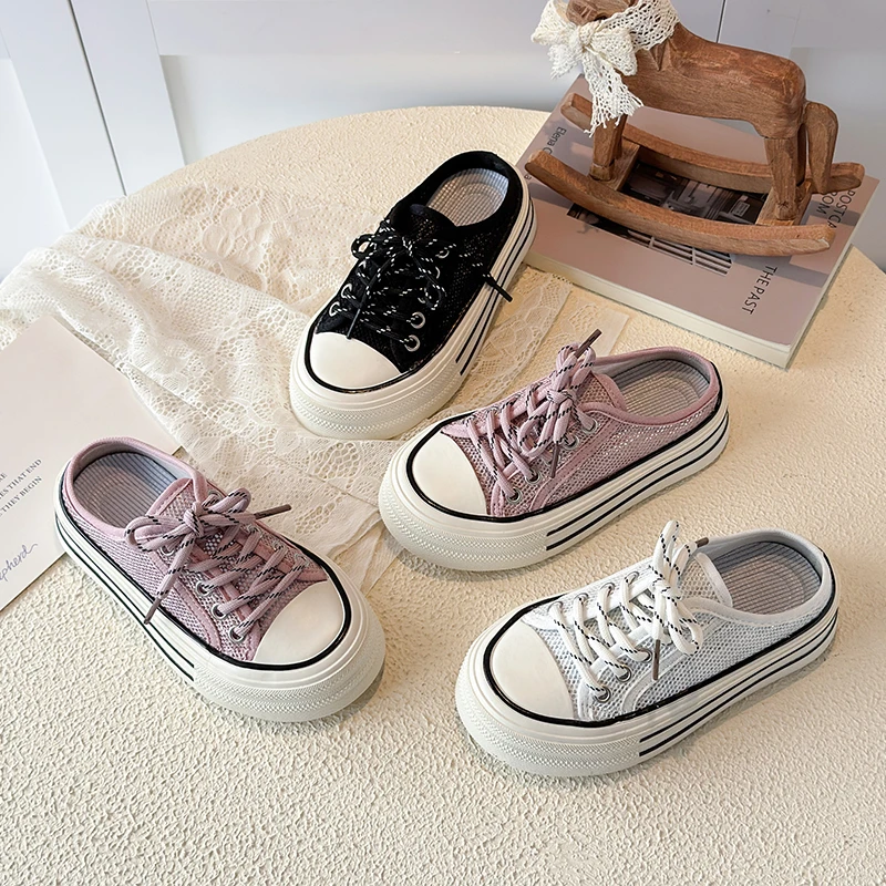 

Kids Breathable Mesh Slide Sneakers, Shell Toe Slip On Mules, Thick Platform Rubber Sole Summer Casual Half Slippers