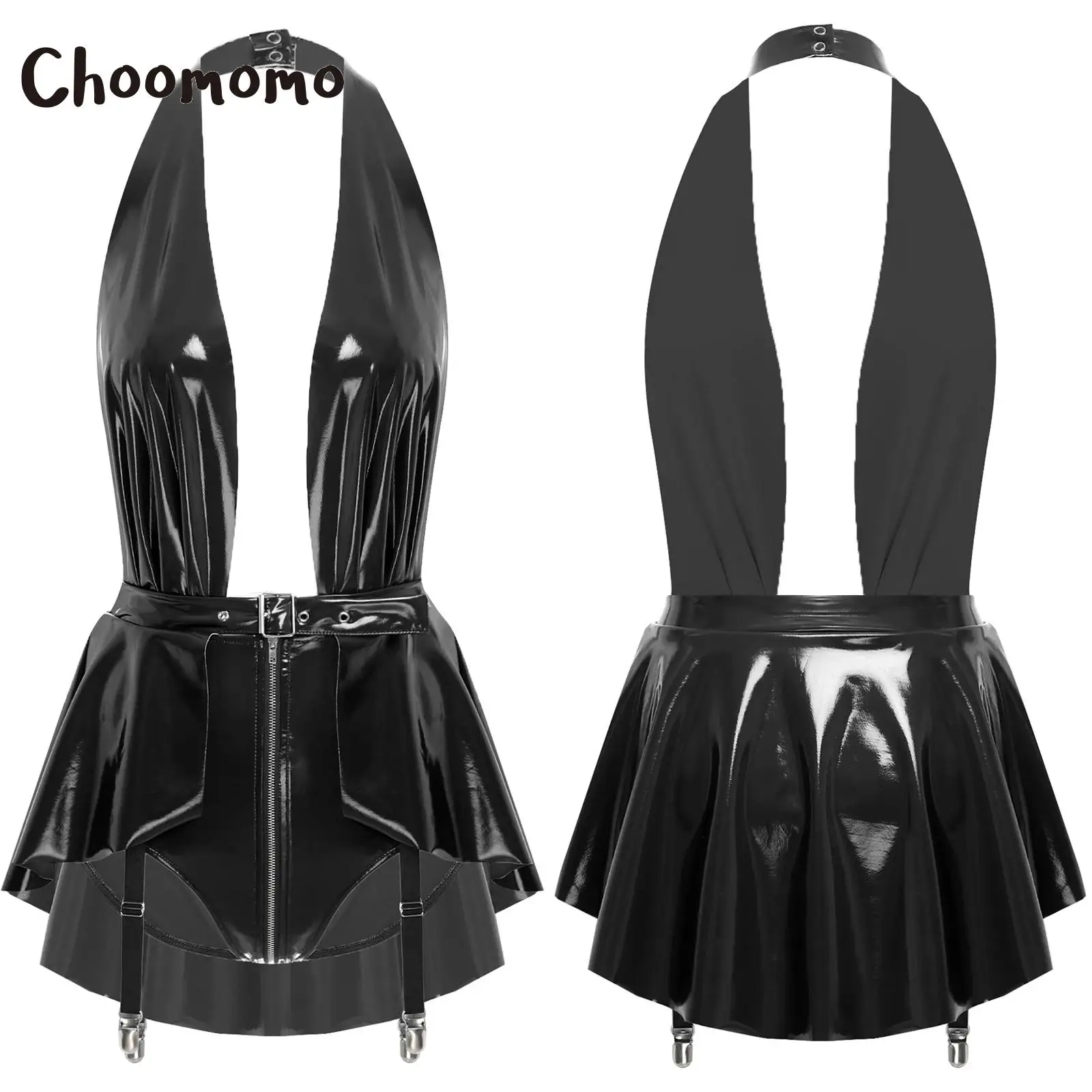 

Exotic Teddies Sexy Bodysuit Faux Leather Skirted Leotard Women Halter Backless Deep V Neck Zipper Garters Skirt Hem Rave Outfit