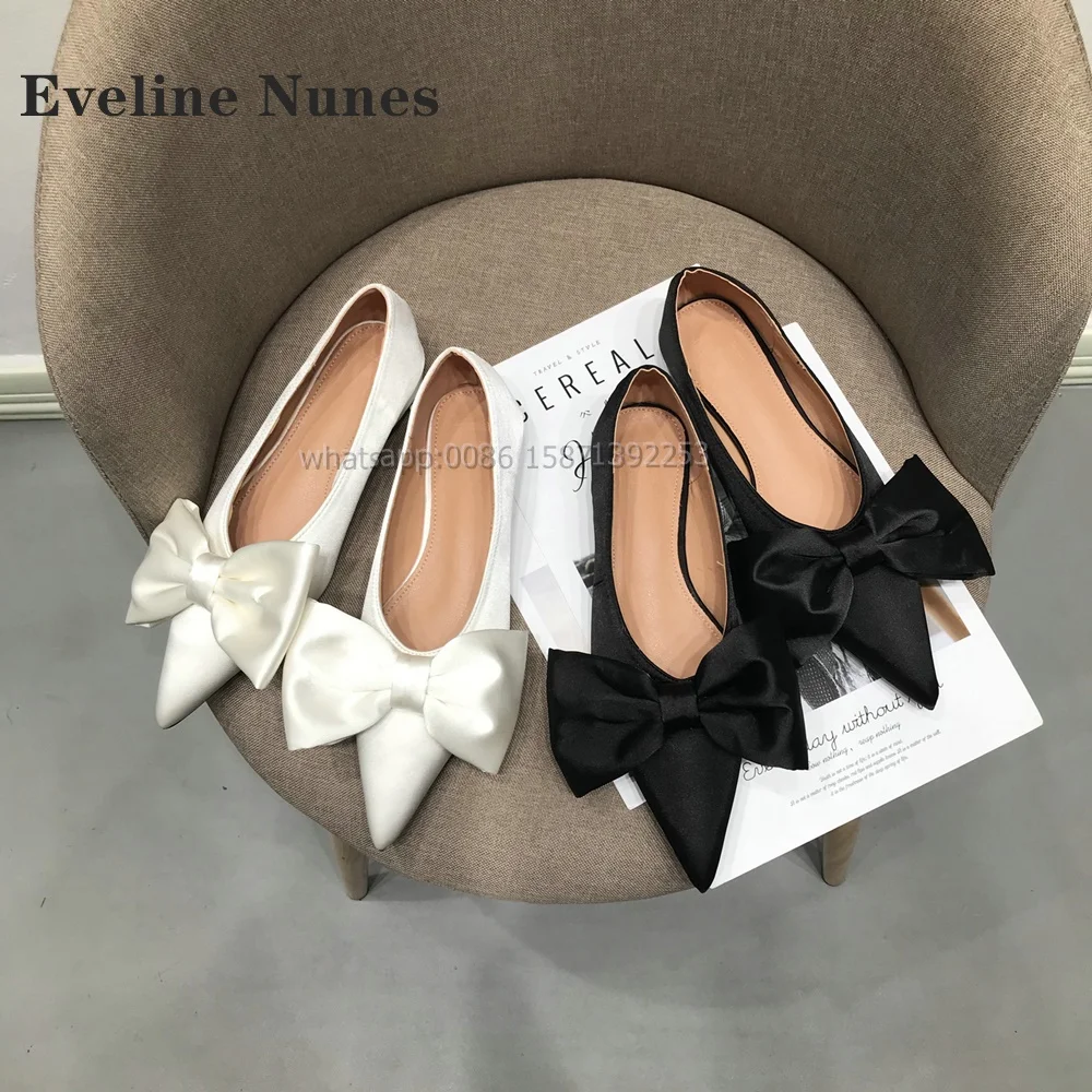 Bow Satin Black Sandals Pointed Toe Flat with Pull On Women Pumps Solid Shallow Rubber Elegant Large Size Shoes Sweet Summer