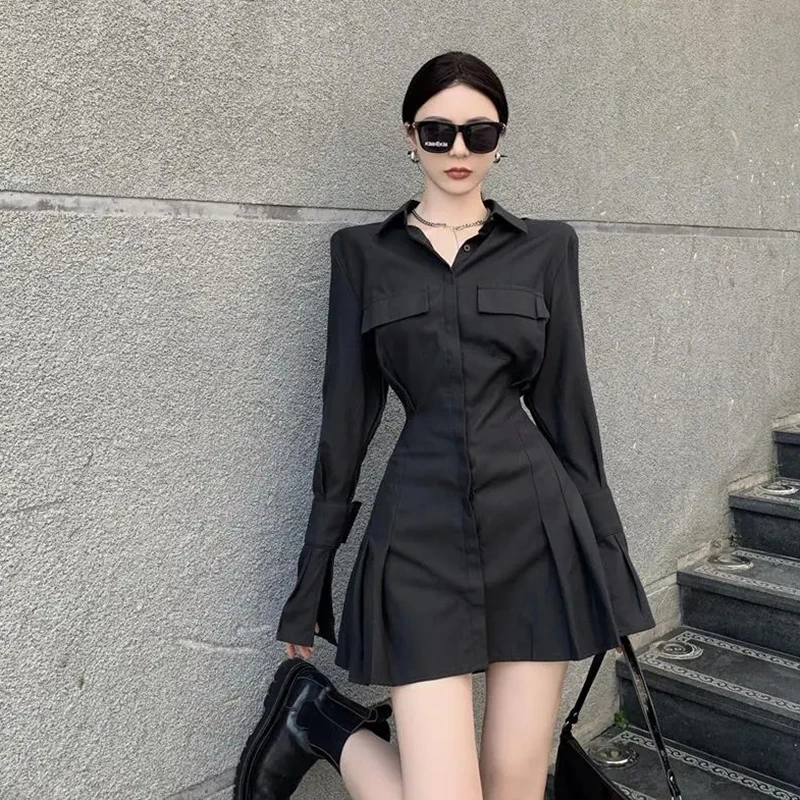 Black Shirt Dress Women Elegant SlimSingle-Breasted Turn-Down Collar Long Sleeve Dress Pocket Pleated High Street Harajuku Shirt