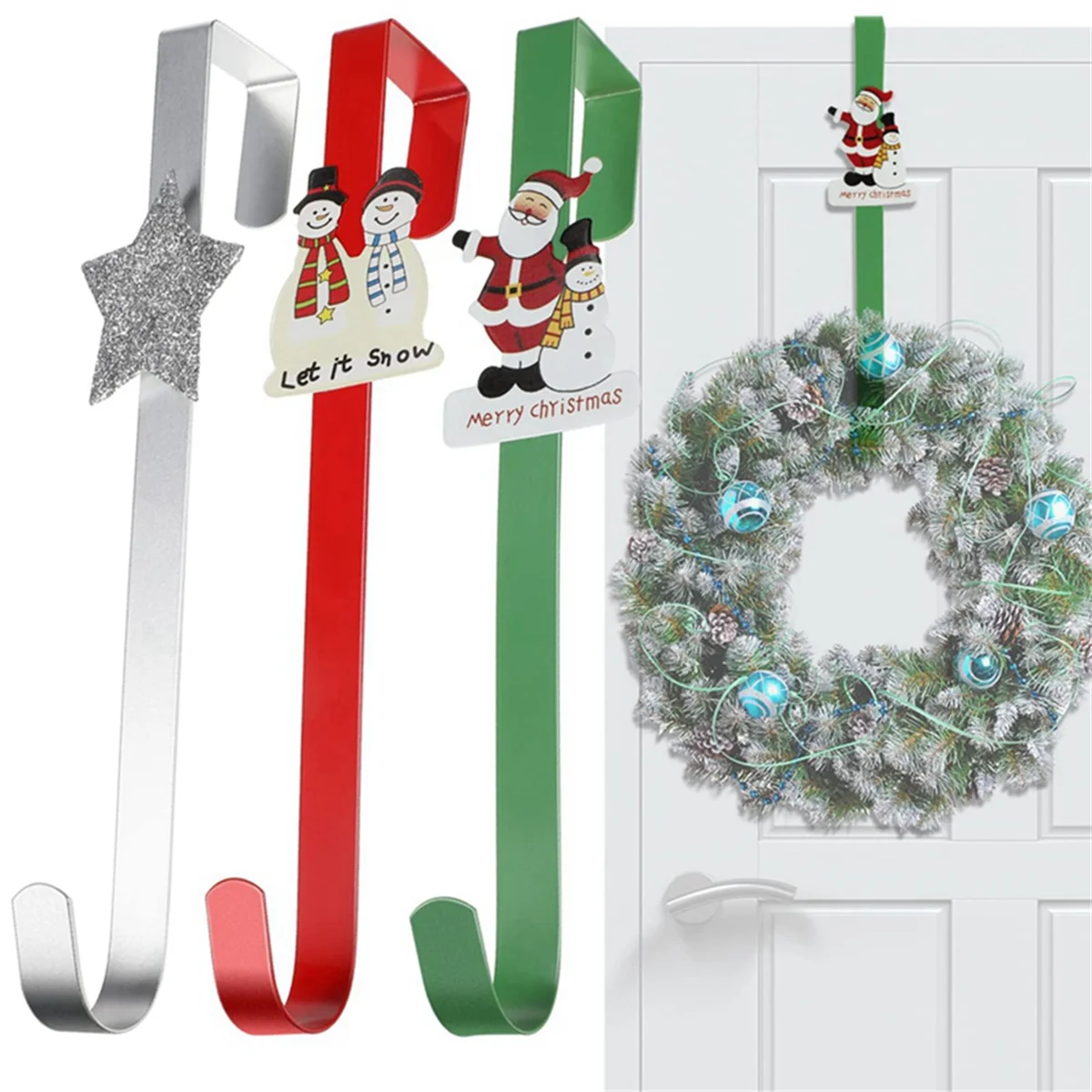 3 Pcs 12 Inch Christmas Wreath Hangers Cartoon Over the Door Hooks Winter Snowmen Santa Star Front Door Hangers