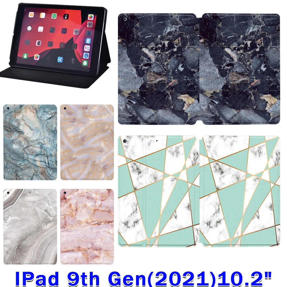 Tablet Cover Case for Apple iPad 10.2 inch 9th Generation 2021 New Marble Printed Series Stand Shell Cover + Free Stylus