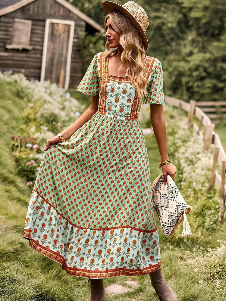 Summer Long Dress Women Bohemian Short Sleeve Dresses Female Vintage Floral Print Maxi Dress Casual Loose Square Neck Vestidos