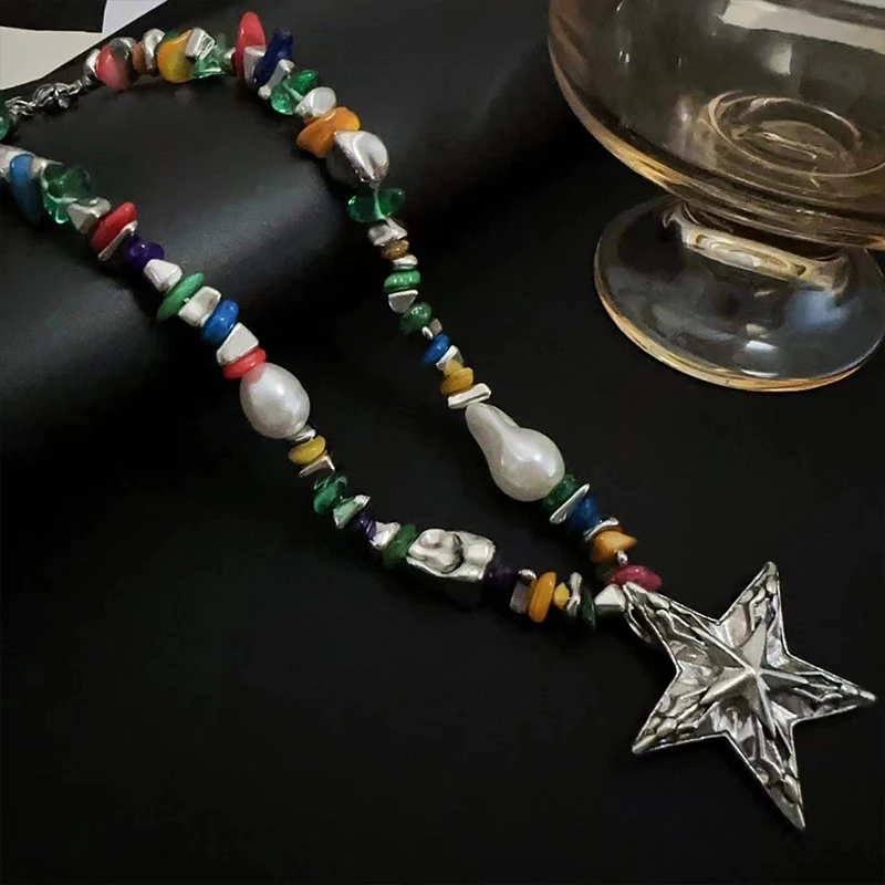 Multi Colors Large Metal Star Necklace For Women Fashion Jewelry Irregular Glass Acrylic Beads Party Holiday Accessories C1411