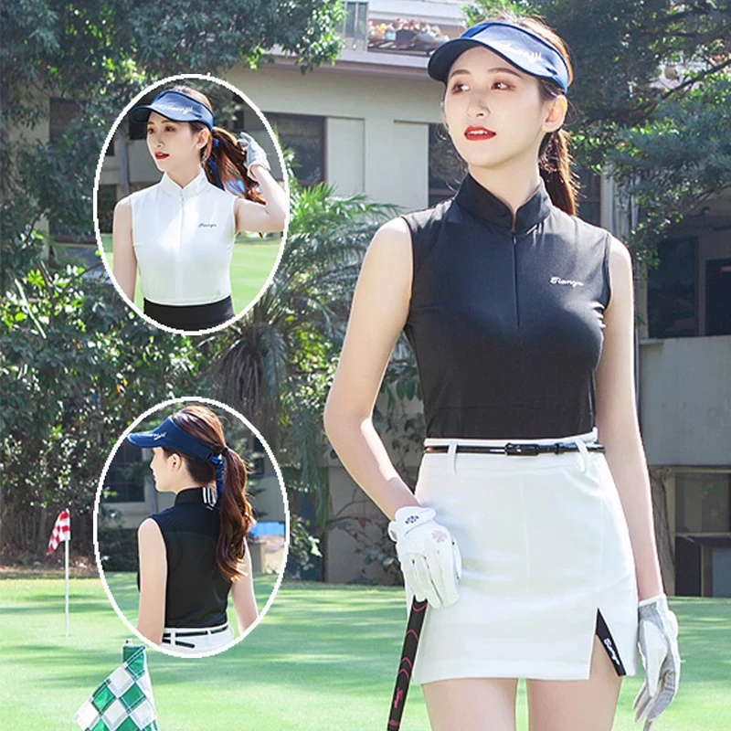 

TTYGJ Breathable Quick Dry Golf Shirt Women Sleeveless Sportswear Thin Elastic Tops Ladies POLO Shirt Badminton Clothing