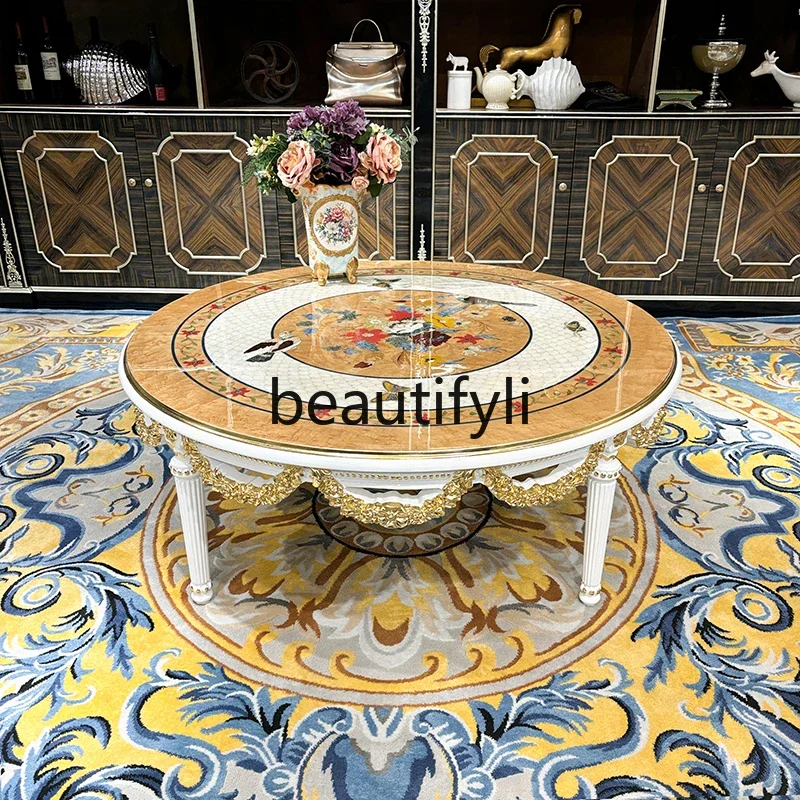 

French solid wood coffee table, European carved round tea table, living room shell veneer tea table6220