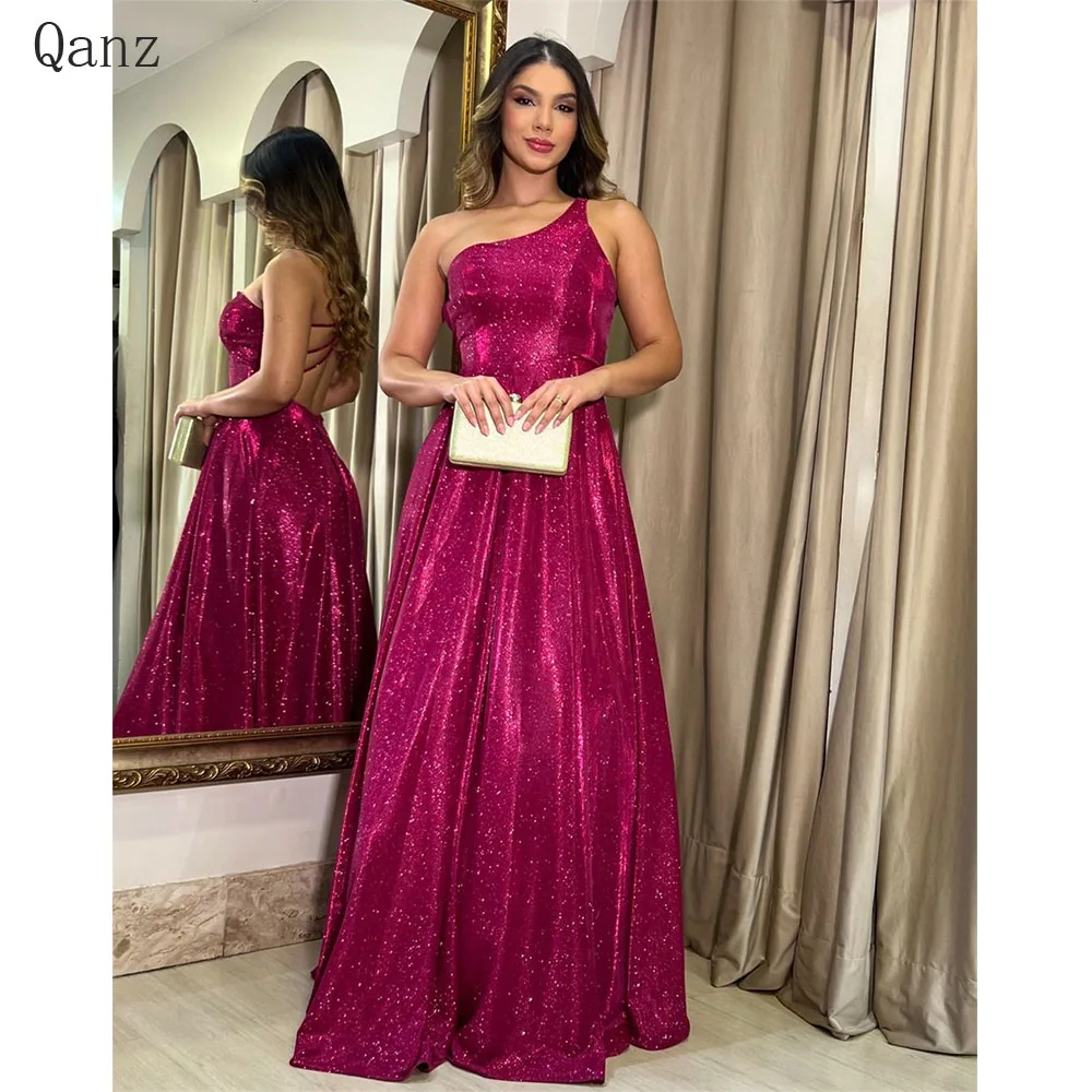 

Qanz Shiny Satin Evening Dresses Fuchsia Long A Line Party Gow Backless Floor Length Vestidos De Fiesta Elegantes Para Mujer2024