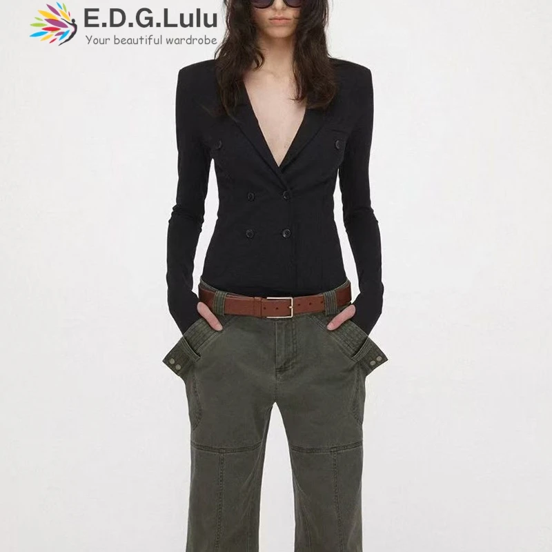 

EDGLuLu однобортный черный комбинезон с v-образным вырезом, шорты, осень 2022, новый узкий комбинезон с длинными рукавами, шорты, женская одежда 1023