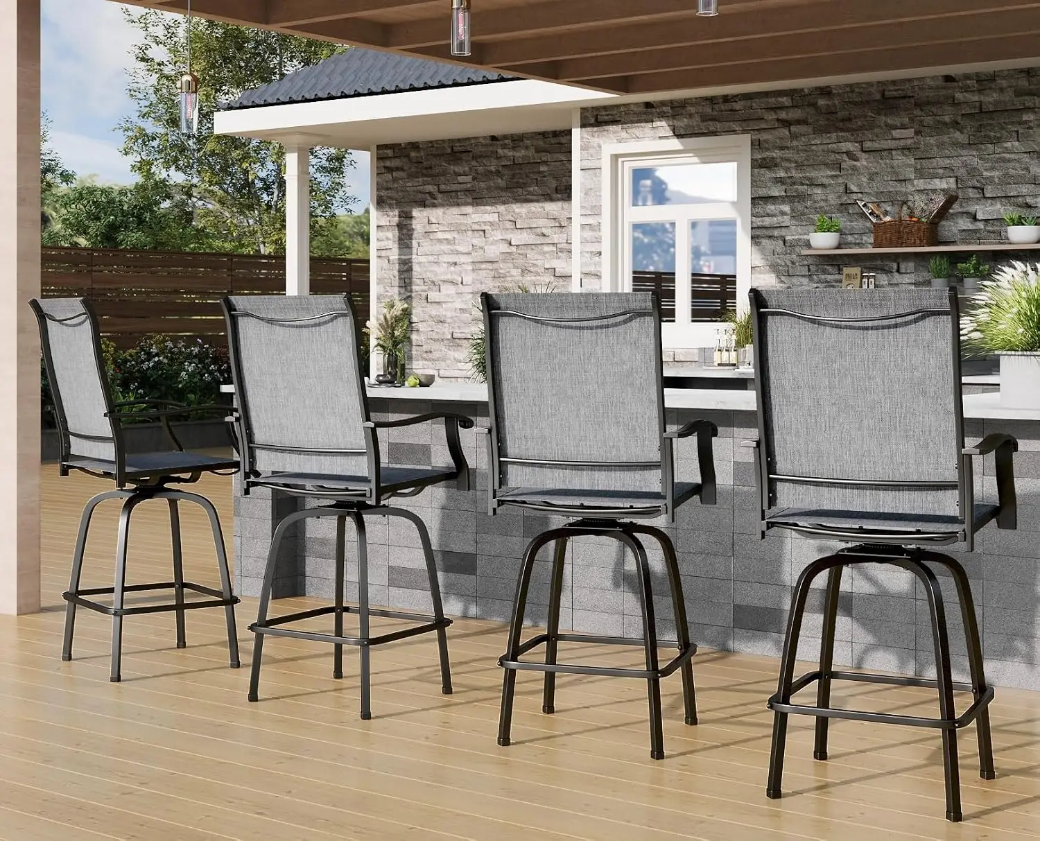 Swivel Bar Stools Set of 4 Tall Chairs 30 Inch Height with Back & Armrest Textilene Fabric for Deck Lawn, Customized