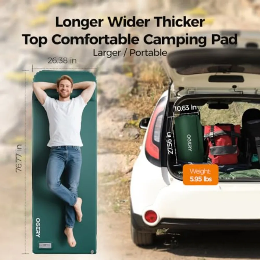 Camping sleeping pad with electric pump, memory foam, gray, self-inflating for tent/car/RV use, R-value 9.5, built-in pillow, 4