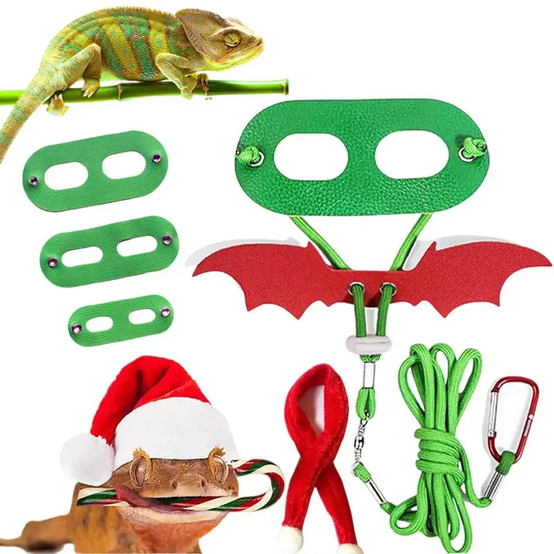 Christmas Bearded Dragon Santa Hat Scarf Lizard LeashHarness Set Adjustable Christmas Wings Harness Festival Reptiles Costumes