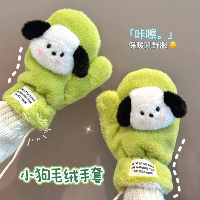 Pochacco anime cute plush cotton gloves creative warm plus velvet thickened all-inclusive mittens cold-proof cycling gloves