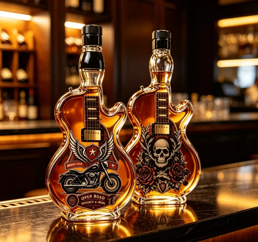 Guitar Shaped Whiskey Decanter Glass for Bourbon Scotch Unique Home Bar Decor Men's Holiday Gift Liquor Bottle