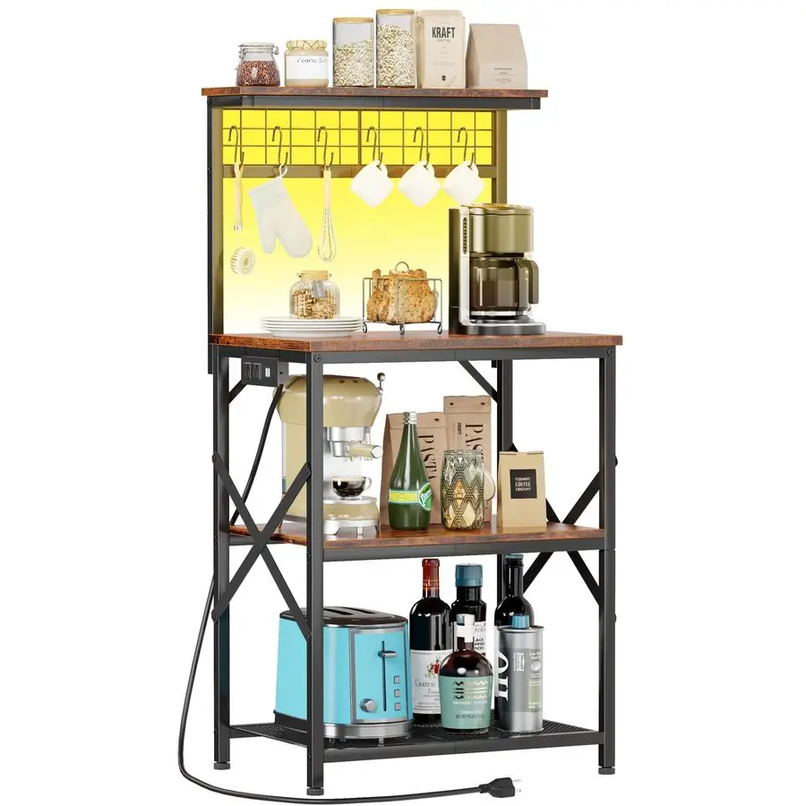 

Bakers Rack with Power Outlet and LED Light, Small Microwave Stand with 4 Tier Shelves, Coffee Bar Station Table with 6 S Hooks,