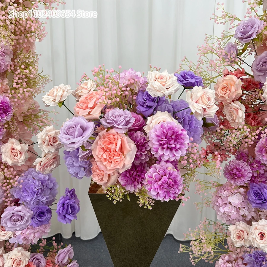 PURPLE Pink Rose Baby's Breath Wedding KT Board Decor Floral Row Arrangement Event Stage Supplies Photo Props Window Display