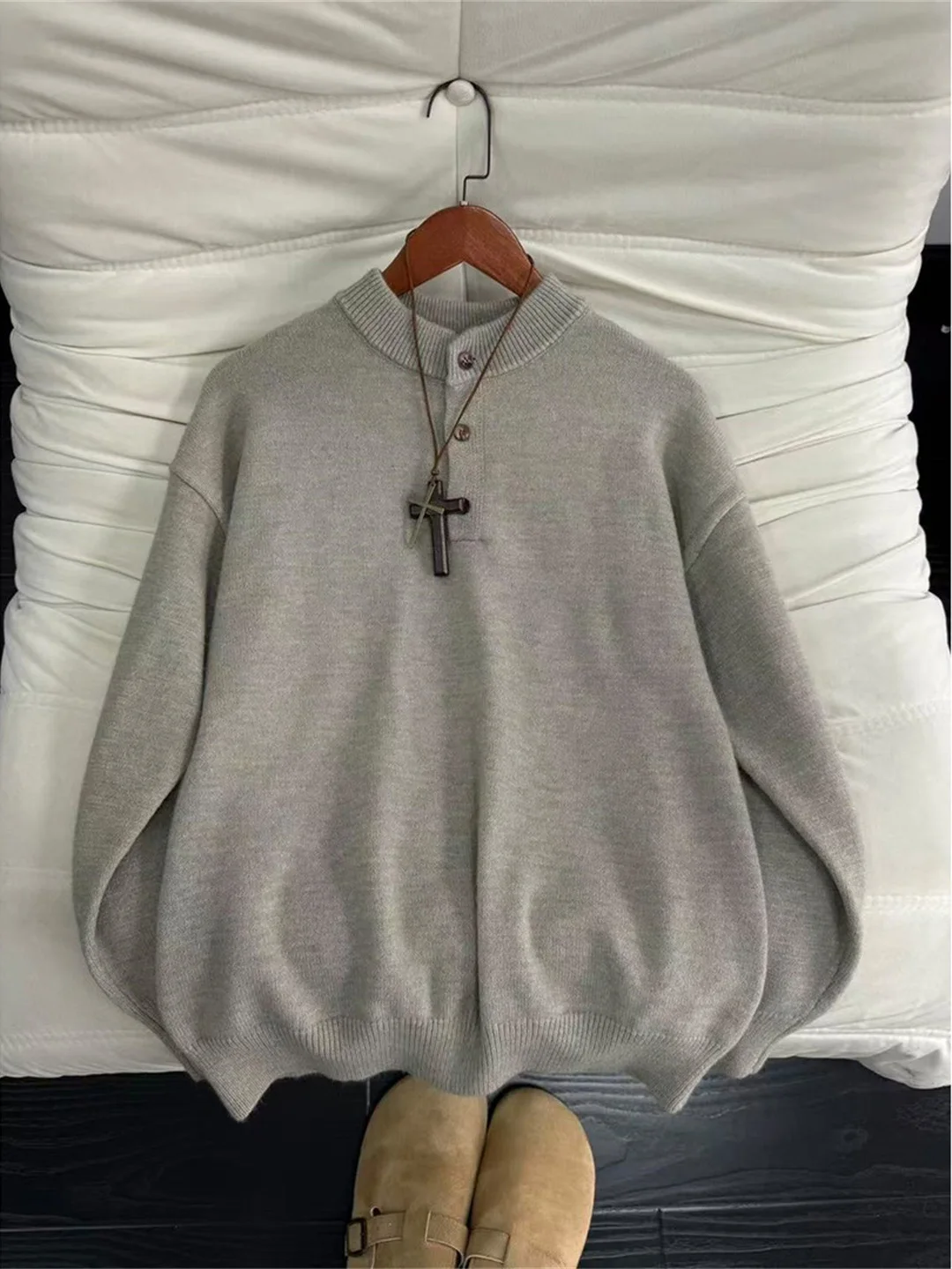 

Men's Knitted Sweater Cleanfit Color Lazy Sle Henry Collar Autumn Winter Inner Wear Zipper Casual Loose Fit ort Sve