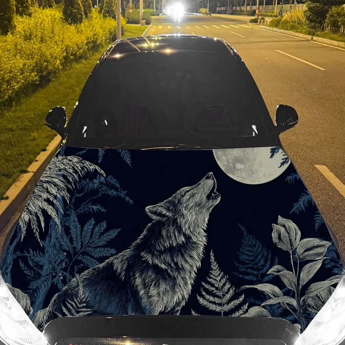 

Car Decals Wolf in Moonlit Fern Forest Textured Background & Artistic, Mystical Visual Details Car Hood Sticker, Waterproof Self