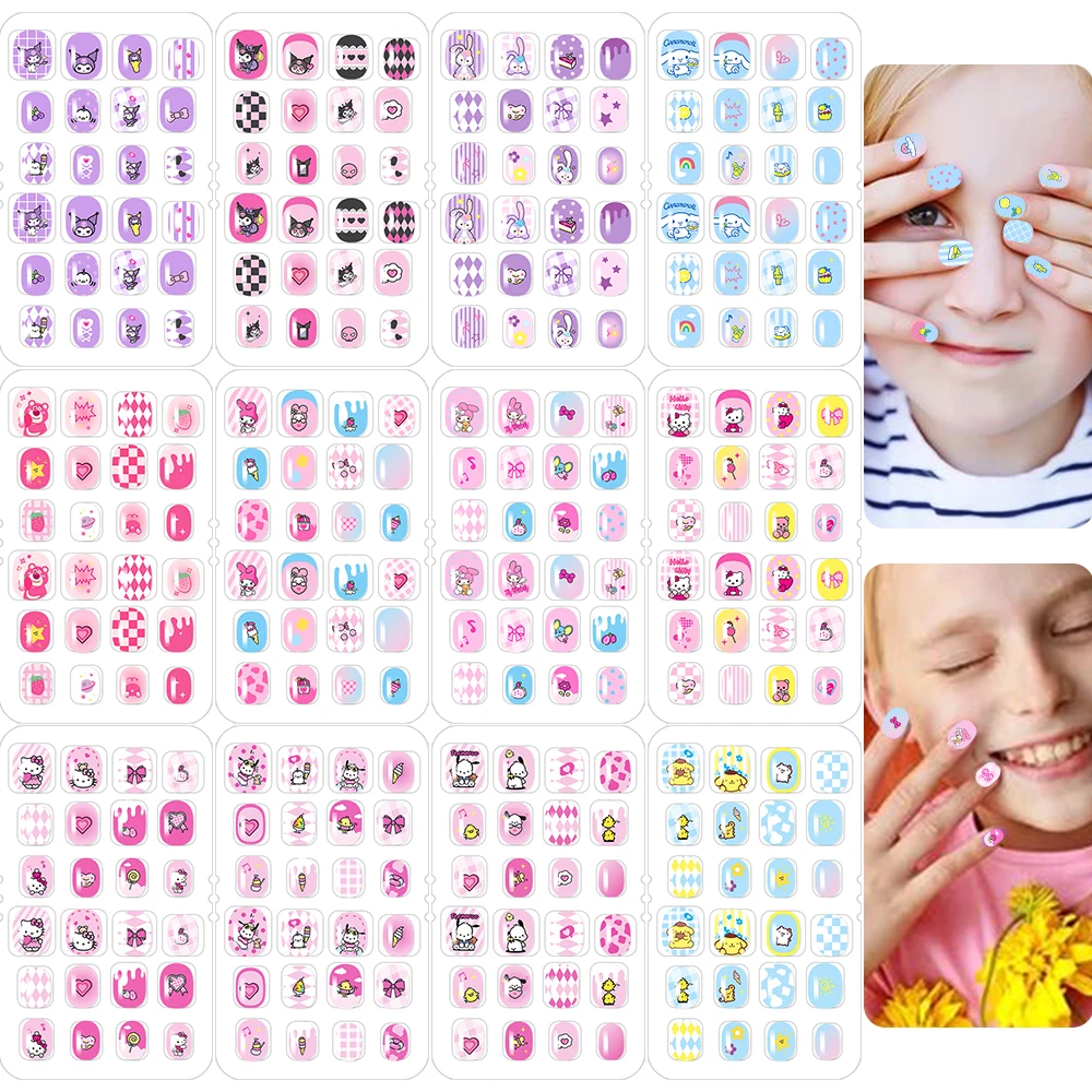 24Pcs Hello Kitty Press on Nails  Kawaii Sanrio Accessories Anime Y2k Kuromi False Nails Removable Manicure Fake Nail Girl Gifts