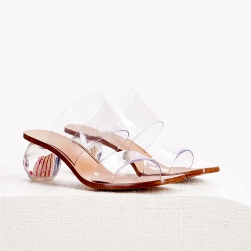 Women Clear PVC Strap Mule Sandals Square Toe Seashell Inlaid Transparent Ball Block Heel Slip On Slides Summer Open Toe Shoes