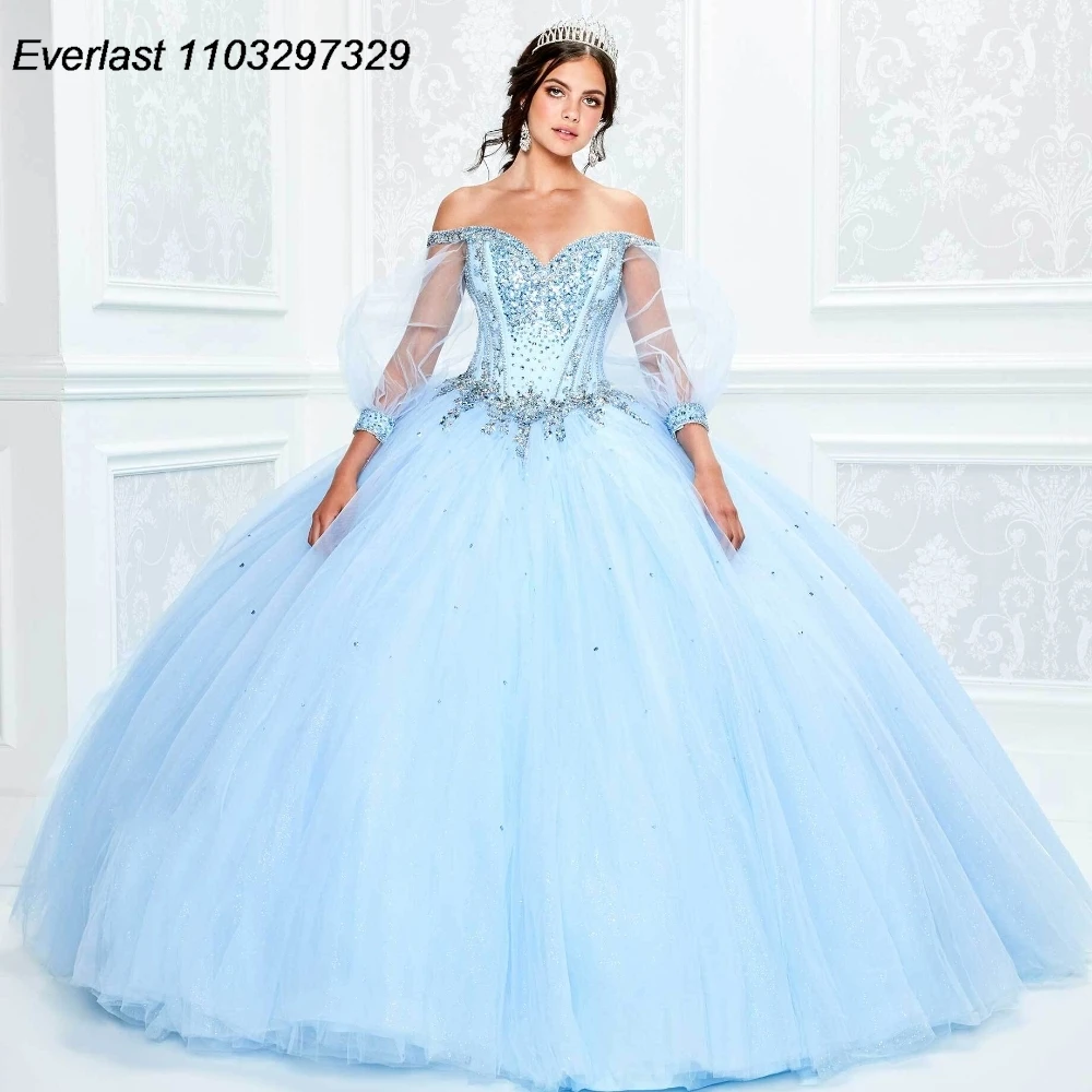 EVLAST Customized Puffy Long Sleeve Quinceanera Dress Ball Gown Applique Beading Mexican Sweet 16 Vestido De 15 Anos TQD355