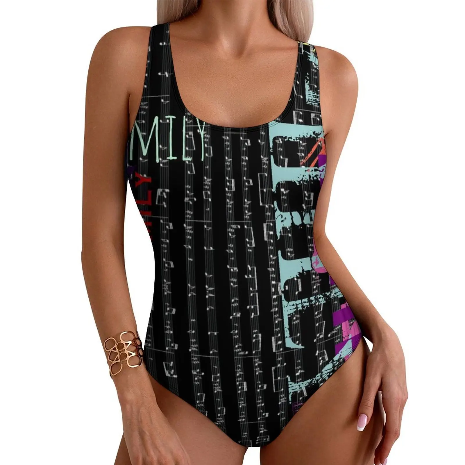 Letter Print Swimsuit Music Notes Swimwear One Piece Fitness Swimsuits Hollow Out Monokini Ladies Push Up Sexy Beach Outfits