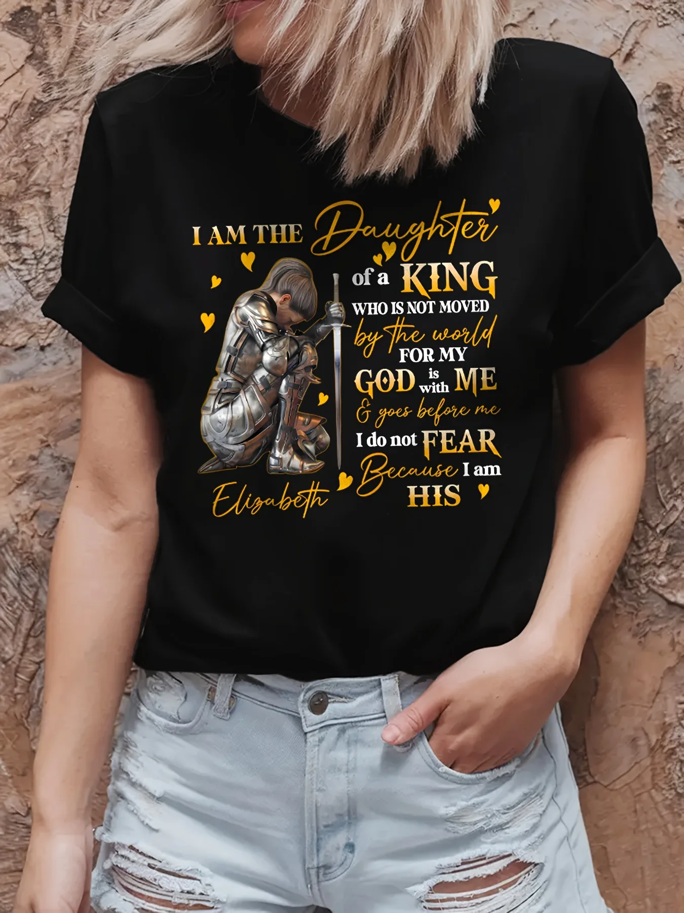 Cotton 100% Women Deep Blue T Shirt Daughter Of A King Pink Red Yellow Gray Letter Print Knight Graphic Casual Christian Faith