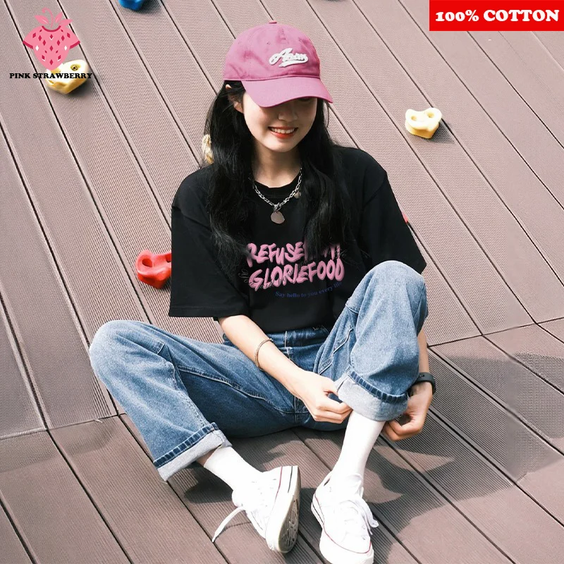 

Korean style short sleeve T-shirt Women Summer 2025 New 100% Cotton Letter Print Street Tee Casual Loose Y2k Top Female clothing