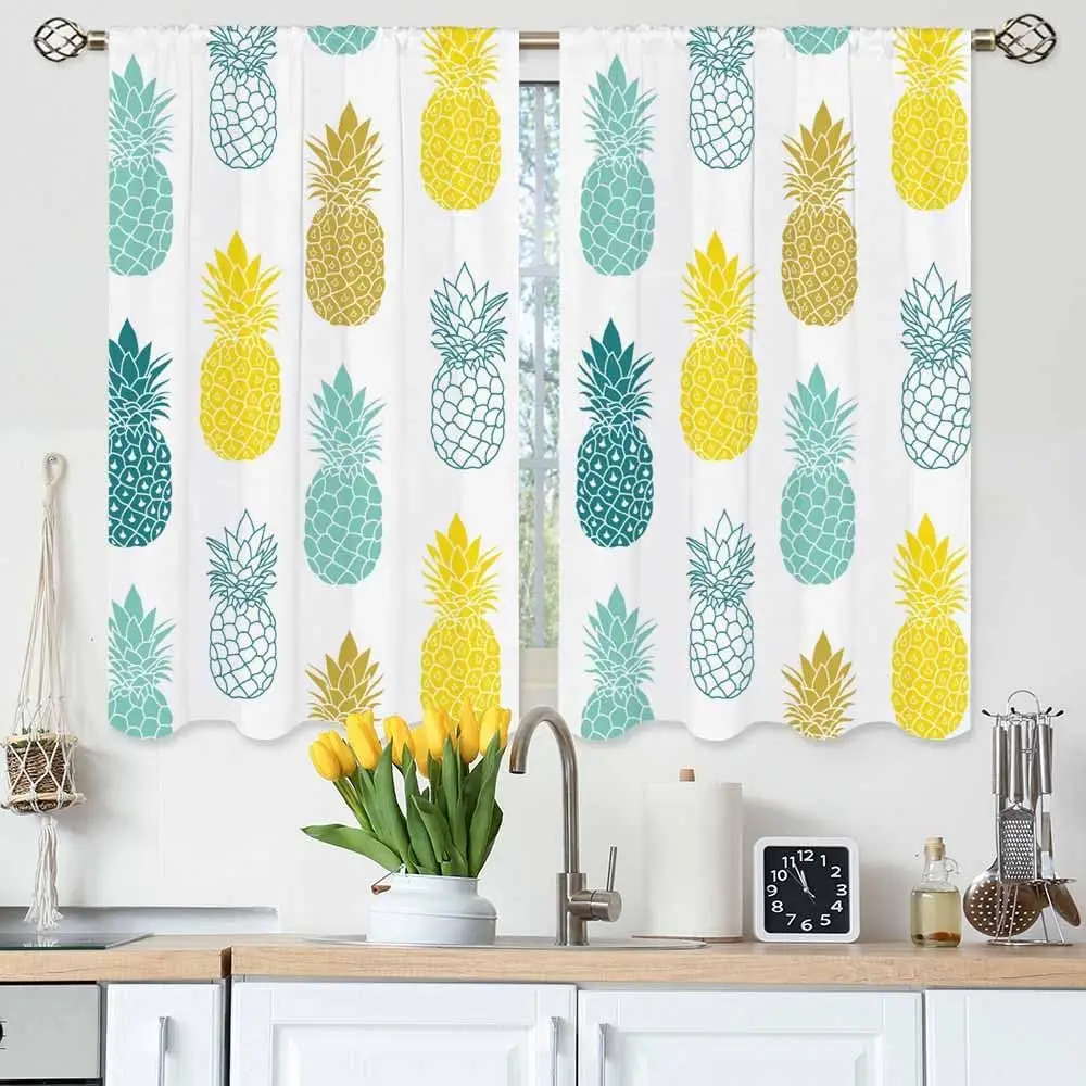 Pineapples Kitchen Curtains Fresh Blue Green Yellow Fruit Pattern Tropical Plant Short Tier Curtains for Bathroom Cafe Small