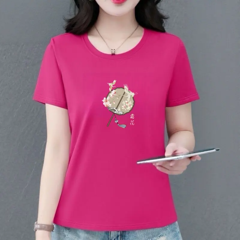 

High-End Short Sleeve round Neck Printed T-Shirt Women's Summer Loose Fashion Casual Top Mommy's Wear Polyester Fiber