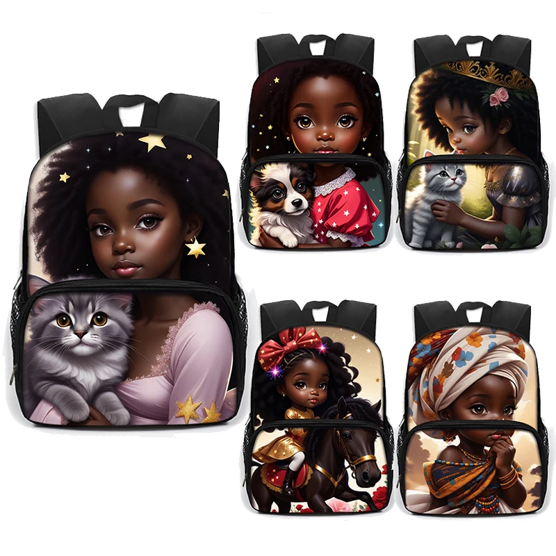 Afro Princess Mochila com gato e cachorro para meninas, bonitos sacos escolares africanos para adolescentes, jardim de infância bookbags, presente, 13"