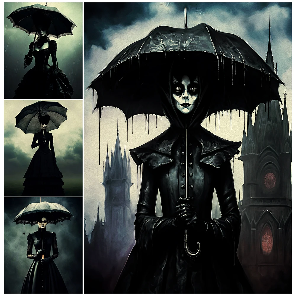 A Dark Gothic Girl With An Umbrella Vintage Wall Art Canvas Painting Creepy Horror Ai Art Poster And Print Home Decor Unframed