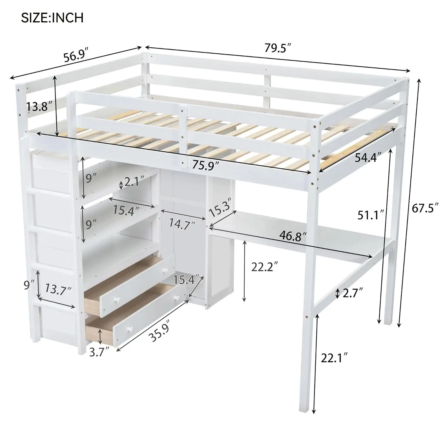 Full Size Wood Loft Bed with Desk Storage Wardrobe White, Customized