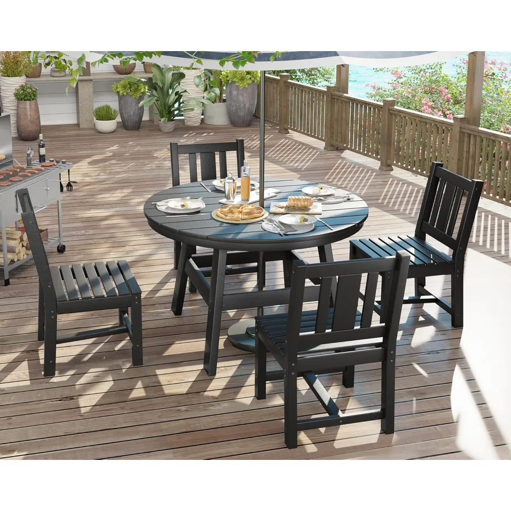 5 Piece Outdoor Dining Tables and Chairs, All-Weather Patio Outdoor Furniture with Umbrella Hole, Round Table