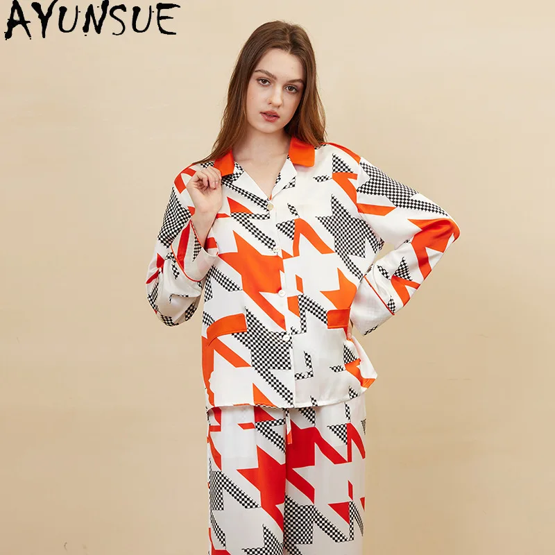 AYUNSUE 100% Genuine Silk Pajamas for Women 19MM Silk Printed Pyjamas 2026 Spring and Summer Newarrive Sleepwear Пижама Женская