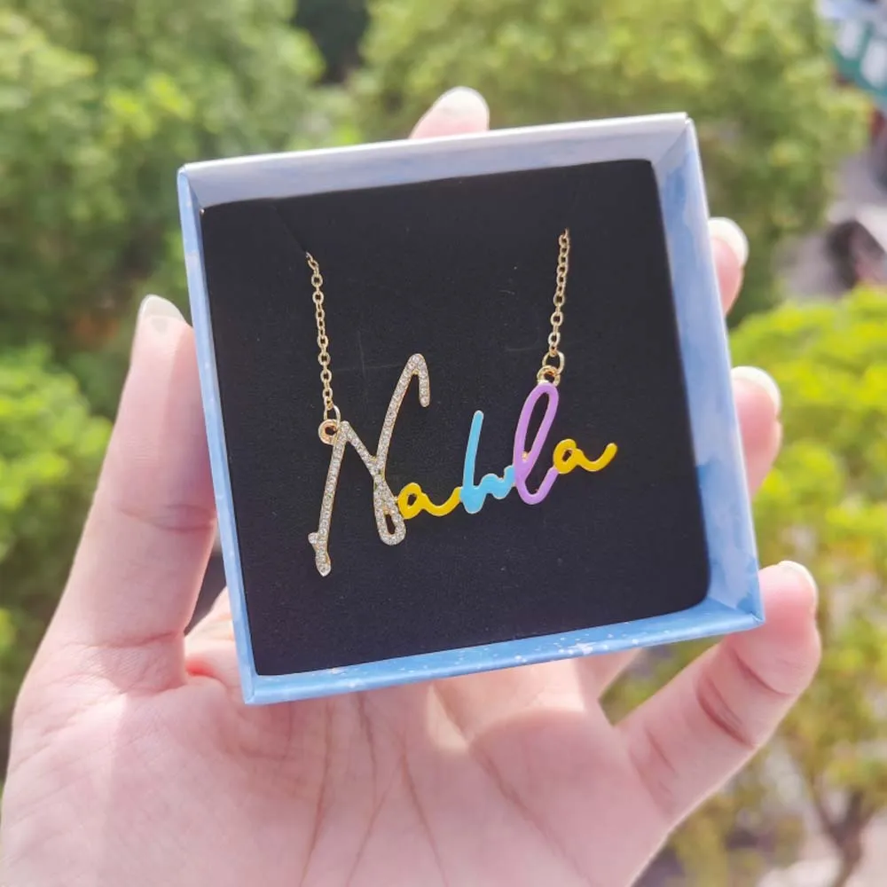 

LeeChee Colorful Enamel Personalized Name Necklace Rhinestone Initial Nameplate Pendant Necklace Party Gift For Girls