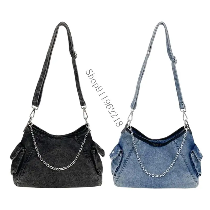 

Compact Jean Satchel Purse Trendy Chain Detail Women's Casual Shoulder Bag For Phone And Wallet Essential Storage 066F