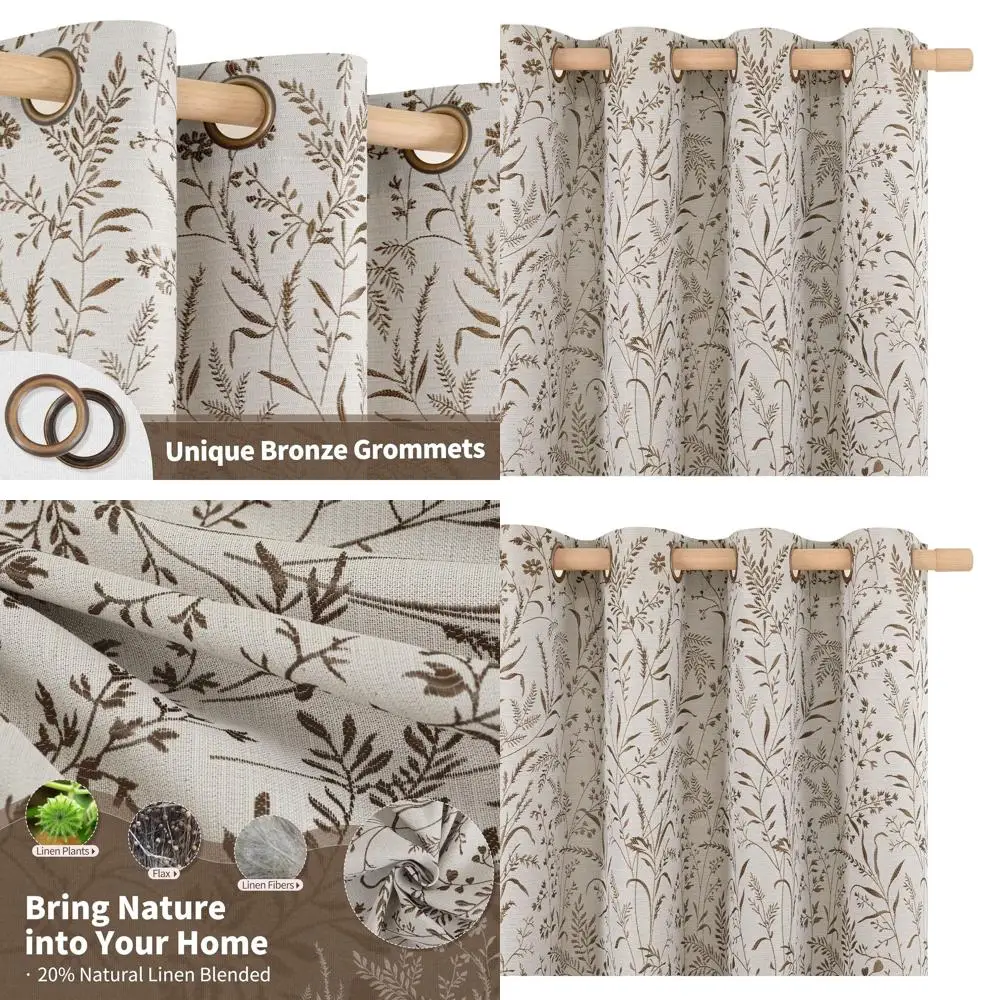 

Vintage Botanical Linen Curtains for Fall, 2-Panels, 52x96, French Country Style, Light Filtering, Scandi Decor