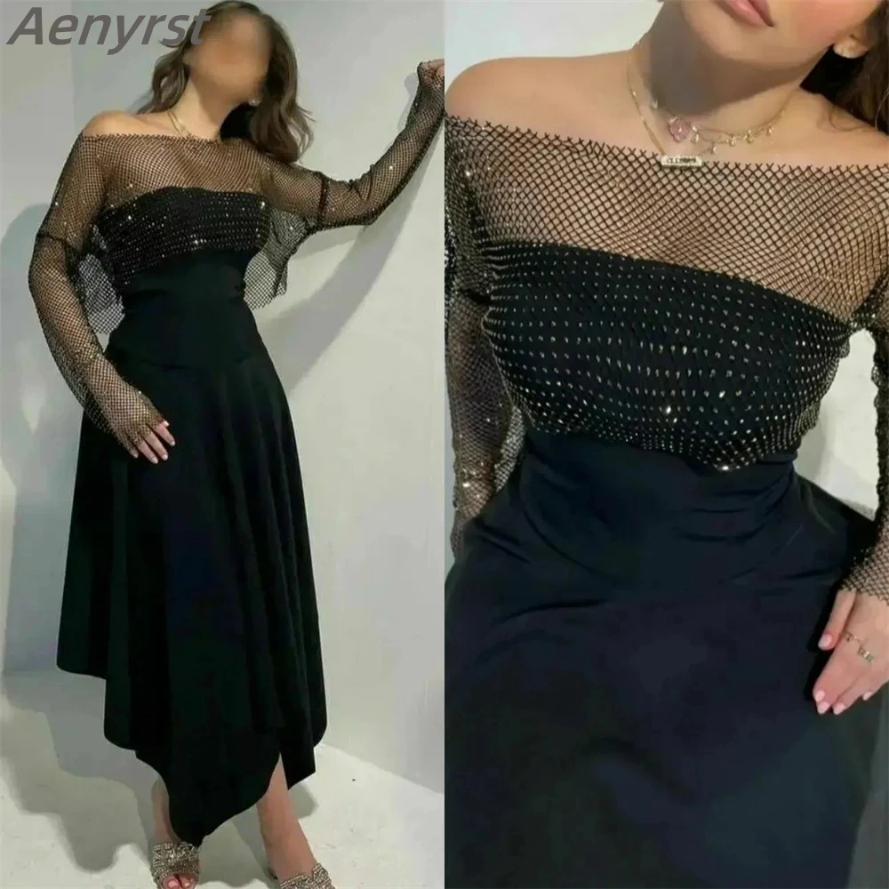 Vestido de fiesta de noche con hombros descubiertos, traje Sexy de tul de lujo, drapeado, hasta el tobillo, para ocasiones nocturnas, color negro