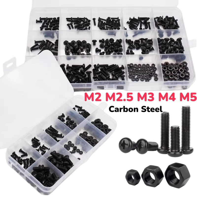 M2 M2.5 M3 M4 M5 Black Carbon Steel Round Cross Screw Kit Bolt Nut Assortment Set Household Machinery Screws