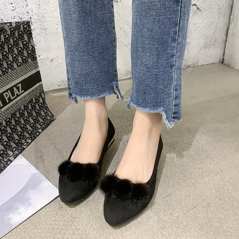 Women's Mary Jane Shoes Fur Ball Shoes Ladies Faux Suede Flats Women 2026 Pointed Toe Ballerina Femme Dress Office Loafers Comfy view 6