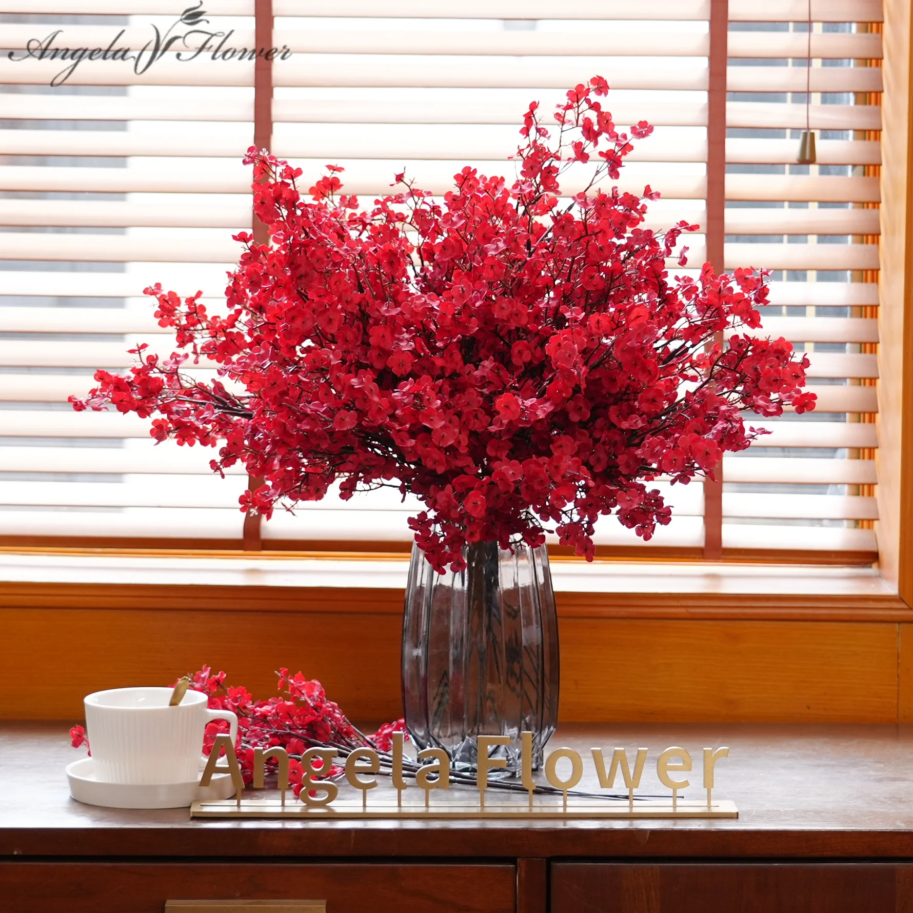 رومانسية الأحمر Babysbreath زهرة فرع الزفاف باقة اليد الدعائم المنزل الجدول الديكور اكسسوارات نافذة عرض A3910