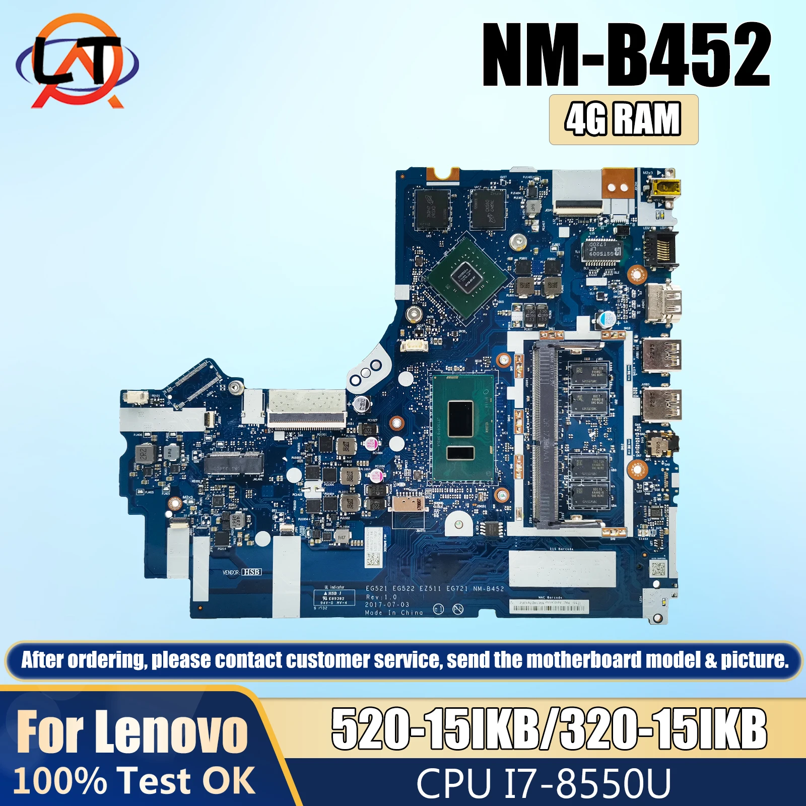 

NM-B452 For Lenovo Ideapad 520-15IKB 330-15IKB Laptop Motherboard With I7-8550U CPU 4G RAM DDR4 MX150 V2G 5B20R19909