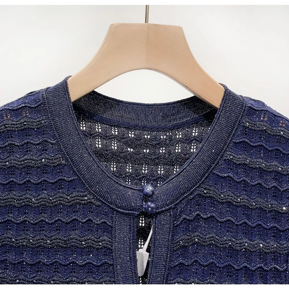 Robe midi en maille pour femme, ornée de diamants, scintillante, ajourée, élégante, col rond, bleu marine, simple boutonnage 1
