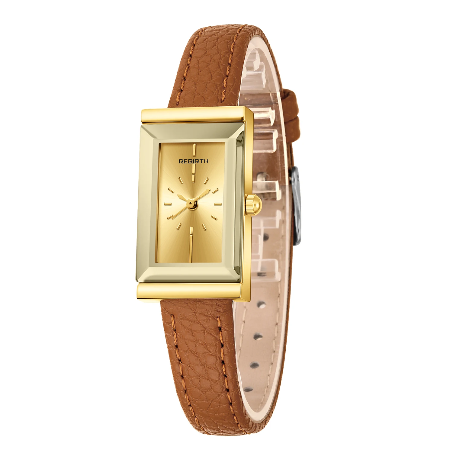 1 montre pour femme de style rétro français, petite, avec bracelet en cuir grainé, cadran doré simple, élégante montre-bracelet à quartz pour les trajets quotidiens.